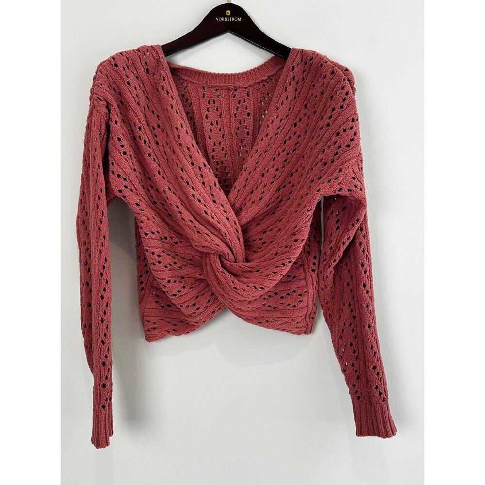 Poof Apparel Women's Twist Front Cropped Knit Sweater Small Dusty Rose Coquette